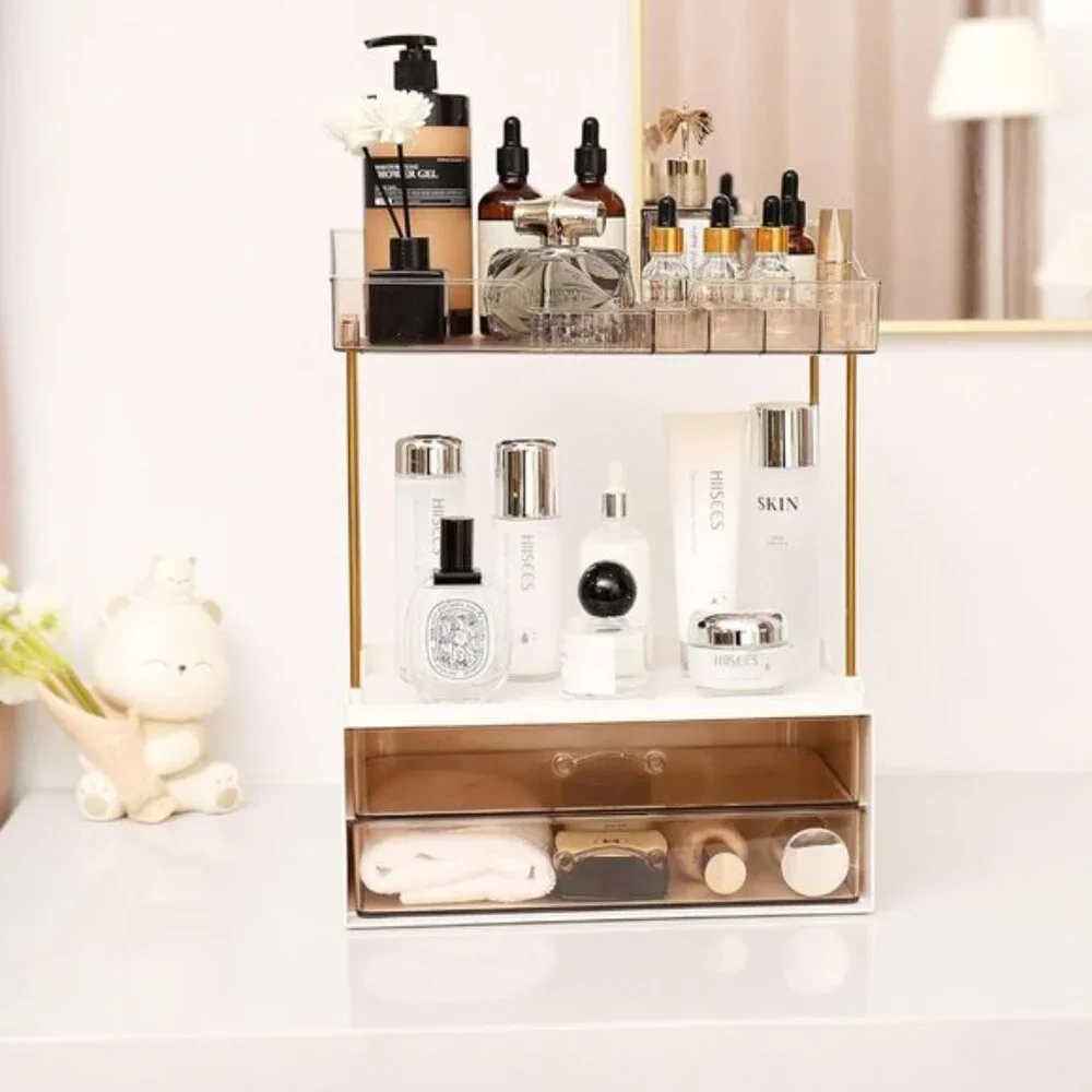 New Elegant 2-Tier Bathroom Organizer, Champagne Gold Makeup & Skincare Storage